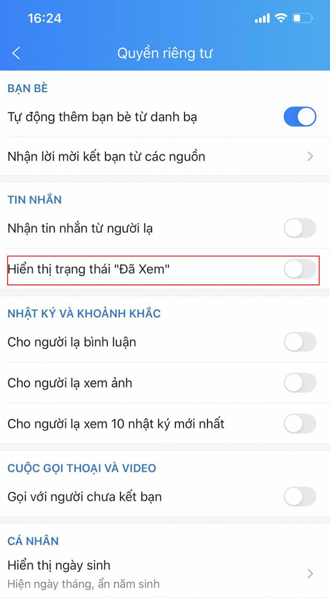 Cách tắt trạng thái đã xem tin nhắn trên zalo 