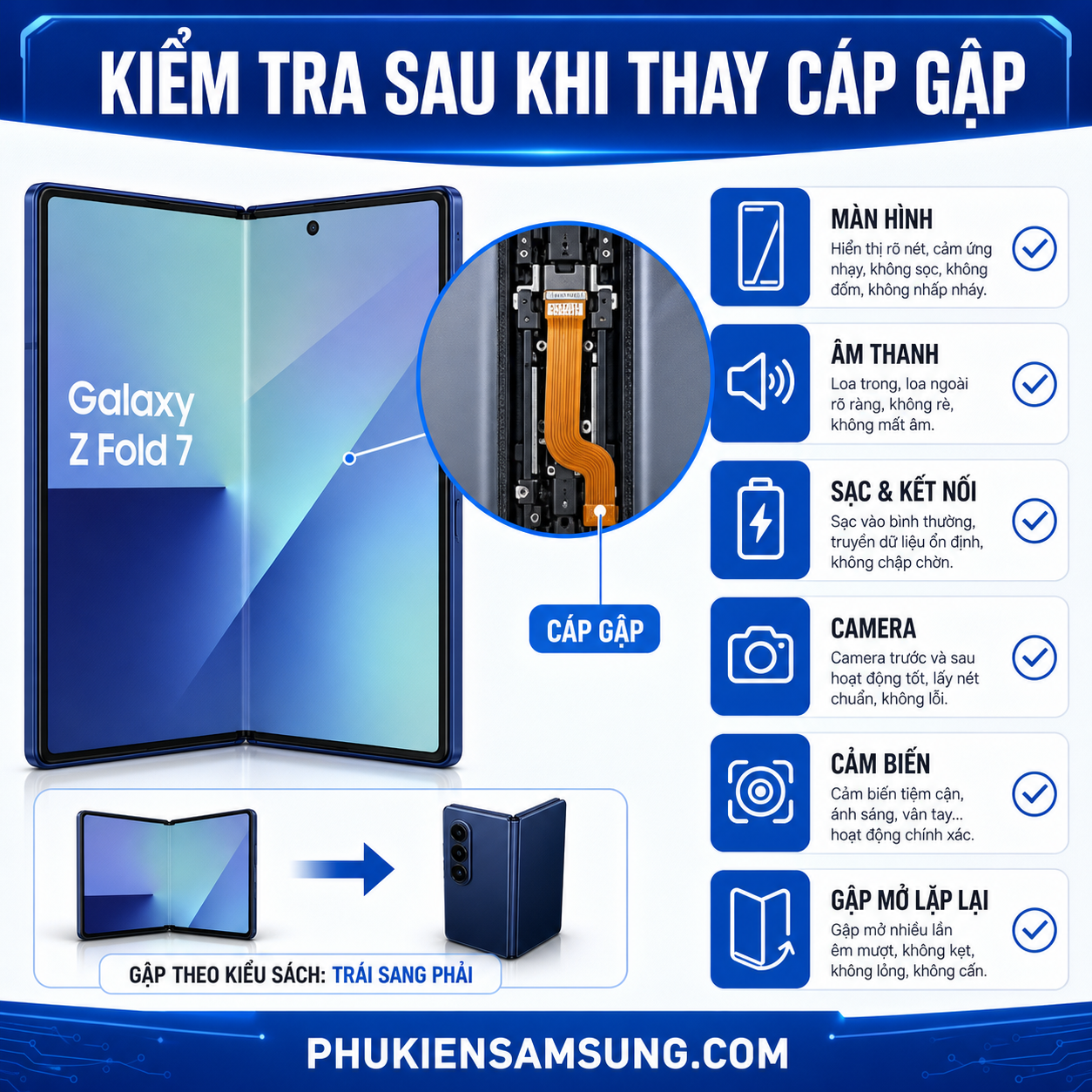Kiểm tra sau khi thay cáp gập Galaxy Z Fold 7