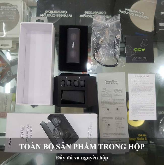 trọn bộ sản phẩm trong hộp tai nghe bluetooth qcy q29